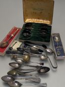 A set of six Scout's Shop Epns teaspoons, a horn handled spoon, miscellaneous novelty teaspoons, a