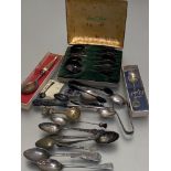 A set of six Scout's Shop Epns teaspoons, a horn handled spoon, miscellaneous novelty teaspoons, a