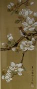 Hua Yuan Zham, white flowers budding twigs, watercolour on fabric, ex Kingfisher Gallery,