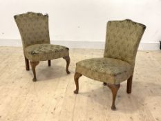 A pair of 1930s upholstered bedroom chairs, raised on stained beech cabriole supports, H73cm, W50cm,