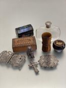 A treen miniature painted casket, glass perfume bottle complete with white metal top, a counter dice