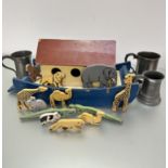 A treen vintage child's Noah's Ark style toy complete with miscellaneous cut out animals including