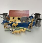 A treen vintage child's Noah's Ark style toy complete with miscellaneous cut out animals including