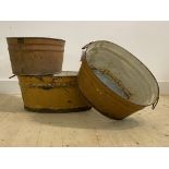 A group of three 19th century painted tin baths, great for planters, largest H27cm, W62cm, D43cm