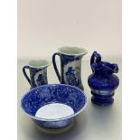 Two Chinese style stoneware jugs, a modern blue and white fruit bowl and an Edwardian blue glazed