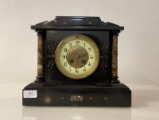 A late Victorian architectural slate mantel clock, with marble pilasters flanking an ivorine dial