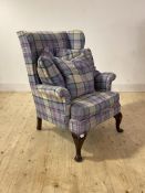 Parker knoll, an tartan upholstered wingback chair, raised on cabriole supports, H96cm, W78cm,