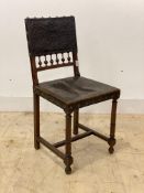 An 18th century style mahogany side chair, the back with embossed leather panel over spindle gallery