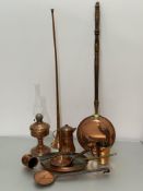 A collection of Edwardian and later copperware including a coaching horn, a bed warming pan, oil