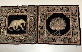 Two Indian brown velvet panels, the centre with peacock and elephant, worked with sequins and gilt