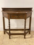 An 18th century style oak credance table, with single drawer, raised on spiral turned supports