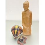 A carved wood bust of a lady, (h 49cm x 15cm x 10cm) and a composition made balloon style ornament