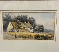I Watson, figure in front of a thatched cottage, watercolour, signed bottom left, gilt glazed frame,