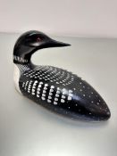 A treen carved and painted loon, by Parry Sound of Ontario Canada, stamped verso and dated 1986, (