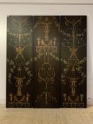 A decorative triple wall panel, of Chinese design, painted with floral sprays, figures, animal and