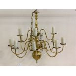 A Dutch style gilt brass twelve branch chandelier, with chain and rose, H68cm (Excluding shade)