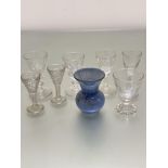 Two moulded shot glasses, four various thumb cut port glasses, moulded glass Victorian syllabub