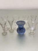 Two moulded shot glasses, four various thumb cut port glasses, moulded glass Victorian syllabub