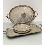 An Epns Sheffield plated circular galleried tray, (h 5cm x 28cm), an Epns two handled engraved tray,