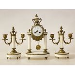 A Late 19th/ early 20th century French brass and white marble three piece clock garniture of