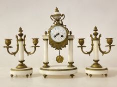 A Late 19th/ early 20th century French brass and white marble three piece clock garniture of