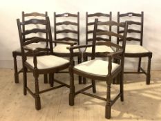 A Set of six (4+2) stained beech dining chairs, with ladder backs and drop in upholstered seat pads,