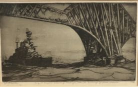 John Rankin Barclay, (British 1884-1962), naval vessel passing under the Forth Railway Bridge,