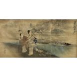 Japanese School, c. 1900, Two Figures by a River Bank, watercolour on three sheets of paper,