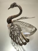 A silver mounted swan crystal bon bon dish with opening wings, (h 13 cm x 25cm x 8cm), stamped 925