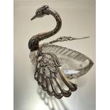 A silver mounted swan crystal bon bon dish with opening wings, (h 13 cm x 25cm x 8cm), stamped 925