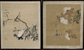 Two 1920's Chinese paintings on silk depicting a song bird on a tree peony, signed with seal mark