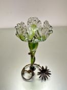 A Edwardian cast white metal single iridescent green glass to clear epergne of lily design (h -32 cm