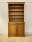 A 19th century and later pine dresser, the four height plate rack over twin panelled cupboard