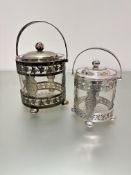 A pair of Epns mounted glass biscuit barrels from Bill to Etta, 24.4.23, raised on bun feet with ivy