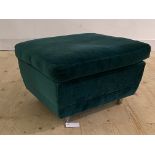 A mid century modern footstool, uphosltered in teal crushed velvet, raised on castors, H36cm, W60cm,