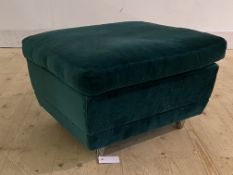 A mid century modern footstool, uphosltered in teal crushed velvet, raised on castors, H36cm, W60cm,