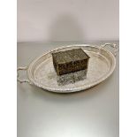 An Epns oval two handled tea tray and reproduction brass medieval style casket with figure panels to