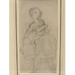 A Victorian 19thc English School, pencil sketch of a young lady with watering can, in ebonised