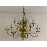 A Dutch style gilt brass twelve branch chandelier, with chain and rose, H68cm (Excluding shade)