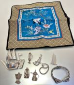A Chinese silk work panel with two cranes and chrysanthemum design, a white metal hookah pipe, a