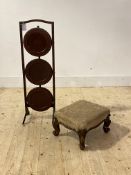 A Victorian mahogany framed and upholstered foot stool (W37cm) together with an Edwardian inlaid