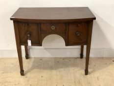 A Regency style mahogany bow front side board, early 20th century, fitted with three drawers, raised