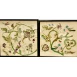 A pair of 1920s/30s cotton and linen mix embroidered panels with pigeon and exotic birds,