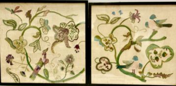 A pair of 1920s/30s cotton and linen mix embroidered panels with pigeon and exotic birds,