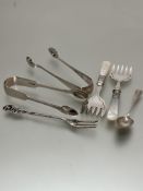 A pair of Epns mother of pearl handled pickle forks, Sheffield silver pair of sugar tongs,