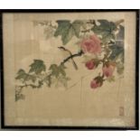 A Chinese painting on silk depicting a song bird on a branch, signed with seal mark bottom right,