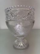 A large crystal baluster vase with crenellated top with etched scene of figure on horseback with