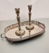 An Epns oval galleried tea tray, engraved decoration, (h 5cm x 49cm x 30cm) and a pair of Birmingham