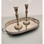 An Epns oval galleried tea tray, engraved decoration, (h 5cm x 49cm x 30cm) and a pair of Birmingham