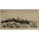 Tom Maxwell, Calton Hill Edinburgh 1929, etching, ebonised glazed frame, (internal 16cm x 32cm)